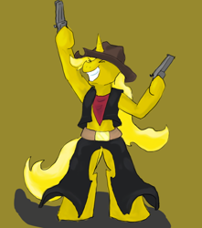 Size: 712x805 | Tagged: safe, artist:foxtrott, derpibooru import, oc, oc only, oc:ticket, alicorn, pony, alicorn oc, bipedal, clothes, cowgirl, gun, solo