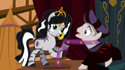 Size: 5277x2968 | Tagged: safe, artist:misteraibo, derpibooru import, zebra, clothes, disney, esmeralda, frollo, hunchback of notre dame, ponified, scarf, seduction, teasing