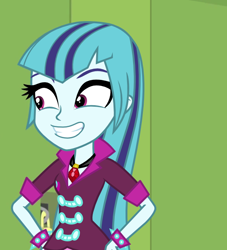 Size: 602x663 | Tagged: safe, sonata dusk, equestria girls, rainbow rocks, alternate hairstyle, grin, loose hair, solo