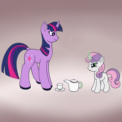 Size: 2000x2000 | Tagged: safe, artist:redquoz, sweetie belle, twilight sparkle, unicorn twilight, pony, unicorn, atg 2019, cup, curved horn, female, filly, hooves, horn, magic, newbie artist training grounds, sweetie belle's magic brings a great big smile, teacup, teapot, two toned mane