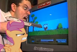 Size: 850x577 | Tagged: safe, derpibooru import, scootaloo, human, pony, angry, angry video game nerd, duck hunt, glasses, irl, irl human, nes accessories, photo, ponies in real life, scootaloo will show us games to play, vector