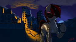 Size: 2442x1342 | Tagged: safe, artist:toasterrepairunit, derpibooru import, oc, oc only, oc:blackjack, cyborg, pony, unicorn, fallout equestria, fallout equestria: project horizons, fanfic, fanfic art, female, hooves, horn, mare, moon, night, ruins, solo, wasteland