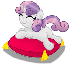 Size: 1280x1192 | Tagged: safe, artist:aleximusprime, sweetie belle, eyes closed, pillow, plot, plump, simple background, solo, transparent background