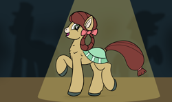 Size: 1100x650 | Tagged: safe, artist:redquoz, yona, earth pony, pony, she's all yak, atg 2019, bow, cute, dancing, dark background, hair bow, newbie artist training grounds, ponified, pony cotillion, pony yona, raised hoof, smiling, species swap, spotlight, yonadorable