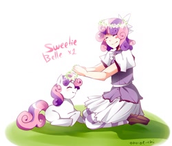 Size: 1020x865 | Tagged: dead source, safe, artist:tomoe-chi, sweetie belle, human, pony, unicorn, clothes, human ponidox, humanized, self ponidox, skirt