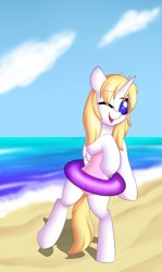 Size: 2176x3650 | Tagged: safe, artist:xcinnamon-twistx, oc, oc only, oc:deadie, pony, beach, clothes, happy, inflatable, looking at you, ocean, one-piece swimsuit, open mouth, sky, swimsuit