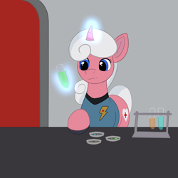 Size: 2000x2000 | Tagged: safe, artist:redquoz, oc, oc:soft heart, pony, unicorn, alternate universe, chemistry, curved horn, ear fluff, female, horn, levitation, magic, mare, nurse, star trek, star trek (tos), star trot, telekinesis