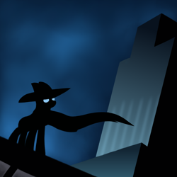 Size: 2000x2000 | Tagged: safe, artist:redquoz, mare do well, pony, atg 2019, batman, batman the animated series, cape, clothes, cloud, cloudy, eye glow, heroic posing, manehattan, newbie artist training grounds, parody, silhouette, skyscraper, solo, unknown pony