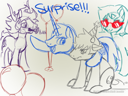 Size: 500x378 | Tagged: safe, artist:emokoneko, artist:mylittlehomestuck, derpibooru import, gamzee makara, homestuck, john egbert, karkat vantas, ponified, terezi pyrope