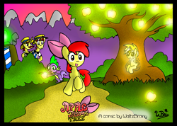 Size: 1123x801 | Tagged: safe, artist:neoncabaret, derpibooru import, apple bloom, flam, flim, spike, oc, dragon, apple, apple bloom's tree, comic, cover