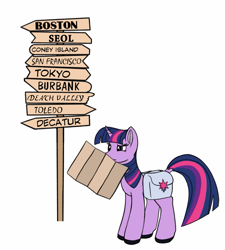 Size: 899x1000 | Tagged: safe, artist:redquoz, twilight sparkle, unicorn twilight, pony, unicorn, atg 2019, confused, crossover, female, lost, m*a*s*h, map, mare, newbie artist training grounds, road sign, saddle bag, simple background, solo, white background