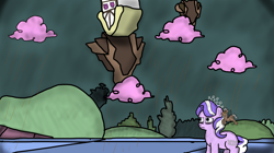 Size: 4182x2334 | Tagged: safe, derpibooru import, diamond tiara, discord, earth pony, pegasus, pony, alex warlorn, chaos, cloud, cotton candy, cotton candy cloud, fanfic, fanfic art, female, filly, floating island, food, pony pov series, reharmonized ponies, tiny