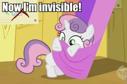 Size: 600x398 | Tagged: safe, derpibooru import, edit, edited screencap, screencap, sweetie belle, the show stoppers, bipedal, caption, cropped, cute, diasweetes, hiding, hub logo, image macro, roflbot, solo