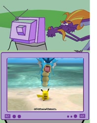 Size: 608x771 | Tagged: safe, derpibooru import, steven magnet, pikachu, exploitable meme, from ponibooru, gyarados, meme, pokepark wii, pokémon, tv meme