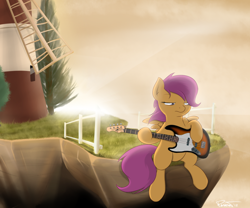 Size: 1200x1000 | Tagged: safe, artist:theparagon, scootaloo, bass guitar, check em, feel good inc, gorillaz, musical instrument, scootabass, solo, windmill