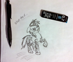 Size: 1024x861 | Tagged: safe, artist:agm, derpibooru import, oc, oc only, oc:blackjack, cyborg, pony, unicorn, fallout equestria, fallout equestria: project horizons, cutie mark, fanfic, fanfic art, female, fourth wall, hooves, horn, mare, solo, traditional art, wtf