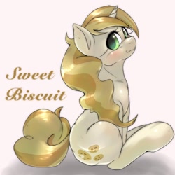 Size: 1536x1536 | Tagged: safe, artist:kurogewapony, sweet biscuit, pony, unicorn, blushing, cute, female, looking at you, mare, simple background, sitting, smiling, solo, text, white background