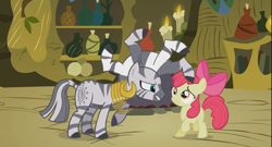 Size: 711x383 | Tagged: safe, artist:capnpea, edit, edited screencap, screencap, apple bloom, zecora, zebra, fimbriae, not salmon, wat