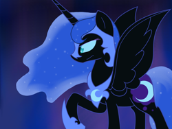 Size: 900x675 | Tagged: safe, artist:derpychaos, derpibooru import, nightmare moon, alicorn, black coat, female, horn, mare, simple background, solo