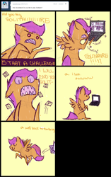 Size: 1030x1637 | Tagged: safe, artist:feathersandink, derpibooru import, scootaloo, angry, ask, comic, computer, laptop computer, solitaire, teeth, that scootaloo, tumblr