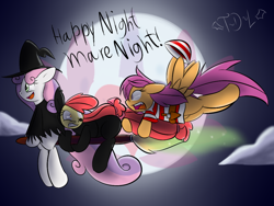 Size: 1024x768 | Tagged: safe, artist:tails-doll-lover, derpibooru import, apple bloom, scootaloo, sweetie belle, cat, broom, catsuit, cloud, cloudy, costume, cutie mark crusaders, flying, flying broomstick, full moon, hat, holding, moon, night, night sky, nightmare night, open mouth, pirate, scared, smiling, sparkles, spread wings, teenage crusaders answers, teenager, tumblr, witch, witch hat