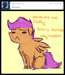 Size: 520x598 | Tagged: safe, artist:feathersandink, derpibooru import, scootaloo, ask, fluffy, that scootaloo, tumblr