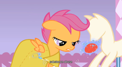 Size: 640x355 | Tagged: safe, derpibooru import, screencap, scootaloo, pegasus, female, filly, orange coat, purple mane, solo, youtube caption