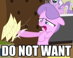 Size: 600x480 | Tagged: safe, derpibooru import, edit, edited screencap, screencap, diamond tiara, ponyville confidential, caption, do not want, reaction image, text