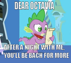 Size: 436x386 | Tagged: safe, derpibooru import, edit, edited screencap, screencap, spike, dragon, friendship is magic, caption, image macro, letter, male, pun, quill, spike's love letters, tongue out