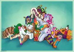 Size: 1250x892 | Tagged: safe, artist:penanggalan, derpibooru import, baby gusty, sweet stuff, oc, oc:vera, pony, twinkle eyed pony, g1, cuddling, holding a pony, hug, non-mlp oc