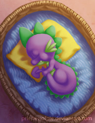 Size: 773x1000 | Tagged: safe, artist:priestessofpie, derpibooru import, spike, dragon, bed, male, pillow, sleeping, solo