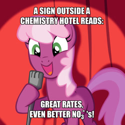 Size: 1080x1080 | Tagged: safe, derpibooru import, cheerilee, earth pony, pony, cheerilee pun, chemistry joke, curtain, exploitable meme, female, green eyes, mare, meme, microphone, open mouth, smiling, solo, spotlight, stand-up comedy, text, two toned mane, two toned tail