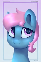 Size: 2200x3300 | Tagged: safe, artist:perezadotarts, oc, earth pony, pony, blue, bust, colored, digital art, eyelashes, gradient background, hair, simple background, smiling, solo