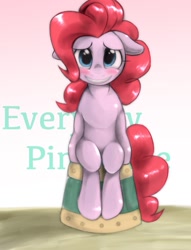 Size: 919x1200 | Tagged: safe, artist:kurogewapony, pinkie pie, earth pony, pony, a trivial pursuit, blushing, cute, diapinkes, embarrassed, floppy ears, looking at you, pixiv, scene interpretation, sitting, smiling, solo