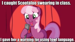 Size: 960x540 | Tagged: safe, derpibooru import, cheerilee, earth pony, pony, cheerilee pun, curtain, exploitable meme, female, green eyes, image macro, mare, meme, microphone, open mouth, pun, scootachicken, smiling, solo, spotlight, stand-up comedy, text, two toned mane, two toned tail