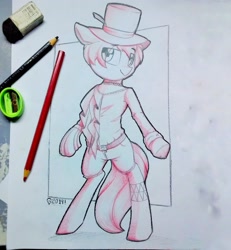 Size: 2242x2427 | Tagged: safe, artist:perezadotarts, oc, earth pony, pony, clothes, hat, male, paper, pencil, photo, ponified, pose, shading, shorts, solo, top hat, traditional art