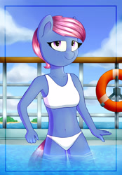 Size: 2073x2979 | Tagged: safe, artist:perezadotarts, oc, oc only, anthro, anthro oc, belly button, bikini, clothes, cloud, colored, digital art, female, hair, handrail, island, life preserver, looking at you, mare, midriff, poolside, railing, sky, smiling, smiling at you, solo, standing, swimming pool, swimsuit, water, white swimsuit