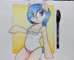 Size: 2278x1836 | Tagged: safe, artist:perezadotarts, oc, earth pony, pony, semi-anthro, blue eyes, clothes, drawing, female, hair, mare, panties, paper, photo, pink underwear, simple background, smiling, solo, traditional art, underwear