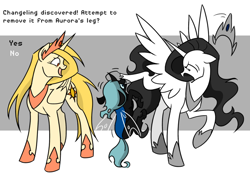 Size: 800x571 | Tagged: safe, artist:valkyrie-girl, derpibooru import, oc, oc only, oc:ghost, oc:princess aurora, oc:princess corona, alicorn, changeling, pony, fanfic:the successors, abstract background, alicorn oc, changeling oc, fanfic, fanfic art, simple background