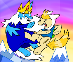 Size: 900x771 | Tagged: safe, artist:fuutachimaru, derpibooru import, pony, adventure time, cartoon network, fight, finn the human, ice king, ponified