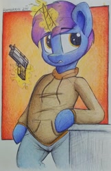 Size: 1515x2337 | Tagged: safe, artist:perezadotarts, oc, semi-anthro, unicorn, clothes, gun, handgun, jacket, jeans, magic, male, pants, photo, pistol, solo, weapon