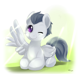 Size: 750x713 | Tagged: safe, artist:ende26, rumble, pegasus, pony, colt, cute, male, one eye closed, prone, rumblebetes, solo, spread wings, waving, wink