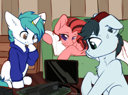 Size: 2732x2048 | Tagged: safe, artist:alphadesu, oc, oc only, oc:safty, oc:scarlett a la creme, oc:snowy blue, pony, computer, confused, hat, horn, horn ring, monitor, motherboard, pillow, ring, sofa, sweat, sweatshirt, white fur