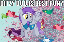 Size: 754x498 | Tagged: safe, derpibooru import, edit, edited screencap, screencap, ditzy doo, flutter doo, bird, blue jay, pegasus, pony, winter wrap up, background pony, best pony, female, flock, flying, image macro, mare, migration, purple mane, recolor, smiling, songbird, spread wings, weather team, winter wrap up vest