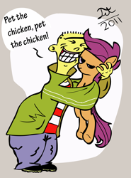 Size: 3682x4969 | Tagged: safe, artist:jetpackclam, scootaloo, crossover, ed, ed edd n eddy, hug, pet the chicken, petting, scootachicken, scootaloo is not amused, unamused