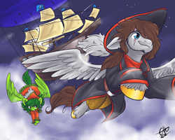 Size: 1280x1024 | Tagged: safe, artist:fizzy-dog, derpibooru import, oc, oc only, pegasus, pony, airship, clothes, dress, flying, flying ship, hat, pirate, scar, ship, unshorn fetlocks