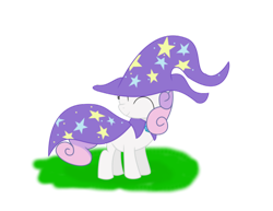 Size: 500x386 | Tagged: safe, artist:dazed-and-wandering, derpibooru import, sweetie belle, pony, unicorn, cape, clothes, eyes closed, female, hat, solo, the great and powerful, trixie's cape, trixie's hat