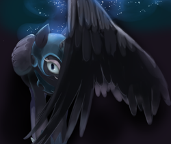 Size: 1096x923 | Tagged: safe, alternate version, artist:jiayi, derpibooru import, nightmare moon, alicorn, pony, black background, covering, cute, evil grin, grin, hiding behind wing, looking at you, moonabetes, simple background, smiling, solo, spread wings