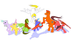 Size: 1500x800 | Tagged: safe, artist:piridin, dunban, fiora, gun, melia antiqua, monado, ponified, reyn, rifle, riki, sharla, shulk, weapon, xenoblade chronicles