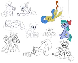 Size: 992x805 | Tagged: safe, artist:redquoz, oc, earth pony, pegasus, pony, squirrel, unicorn, :p, bow, colored sketch, group, hair bow, party hats, sketch, sketch dump, sleeping, tail bow, tongue out, unnamed oc